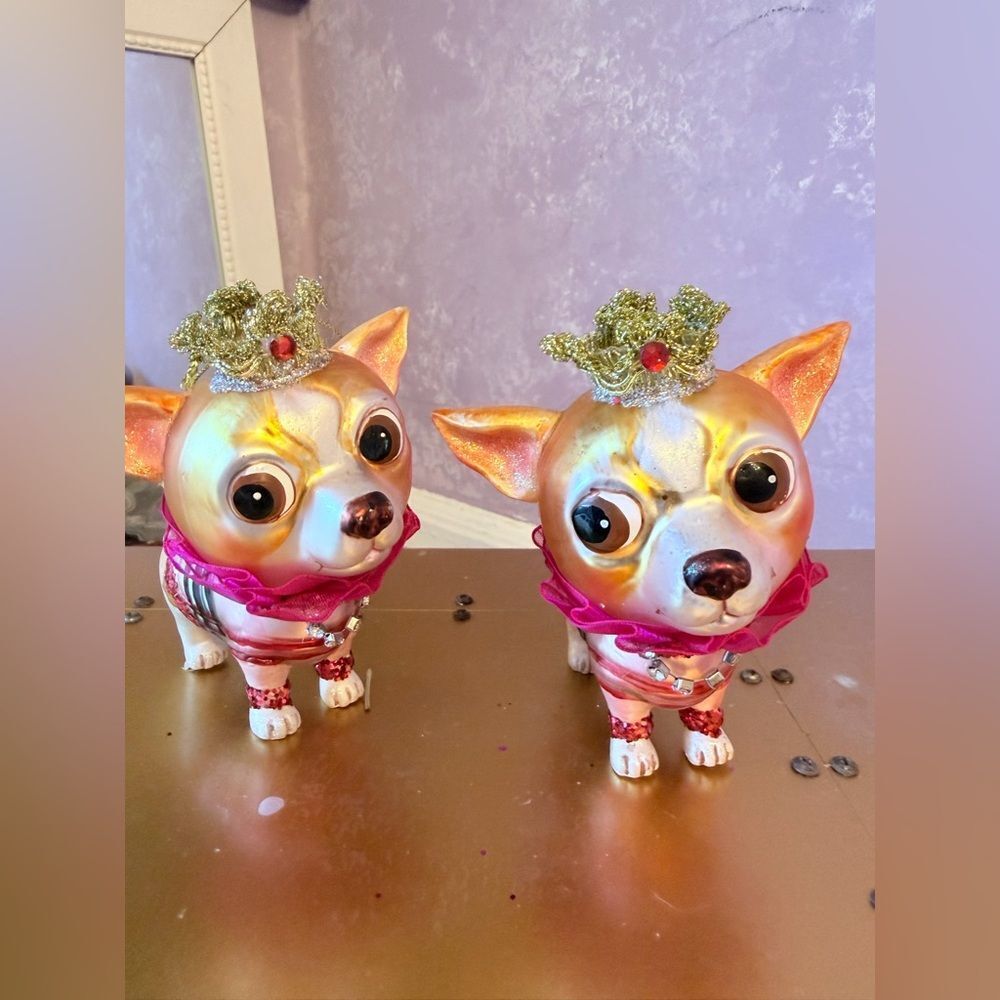 Hand Blown Chihuahua Dog Figurine with Crown and Pink Collar